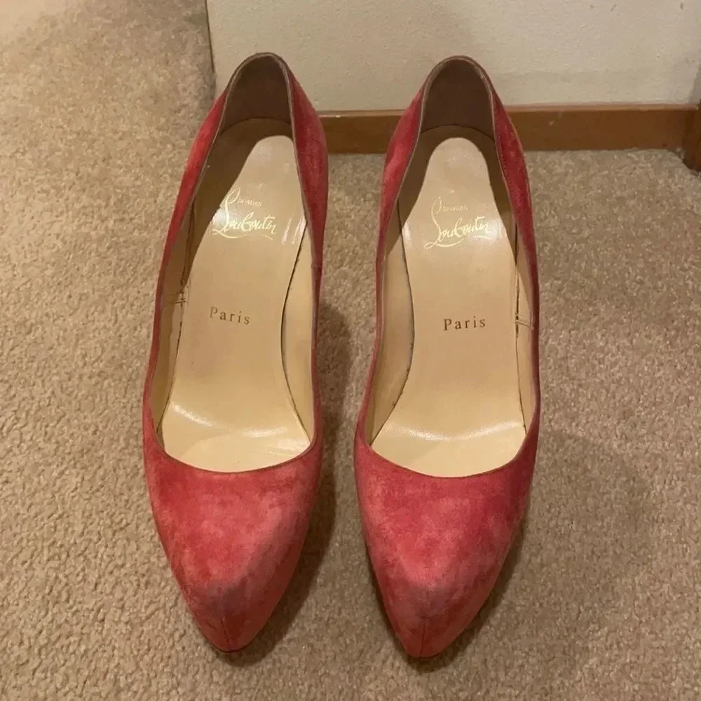 CHRISTIAN Louboutin suede pink platform stilettos